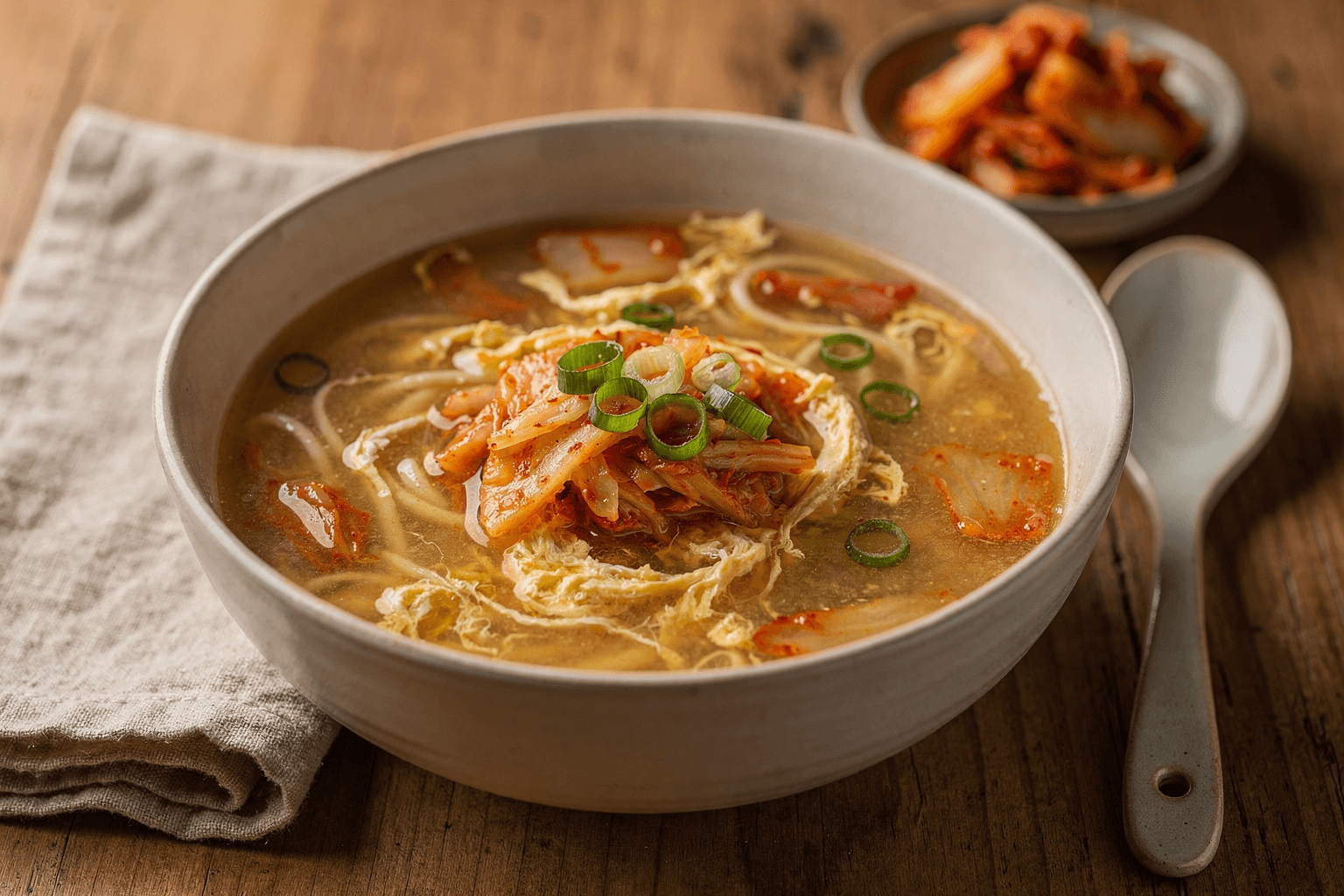miso egg drop soup with kimchi hero image